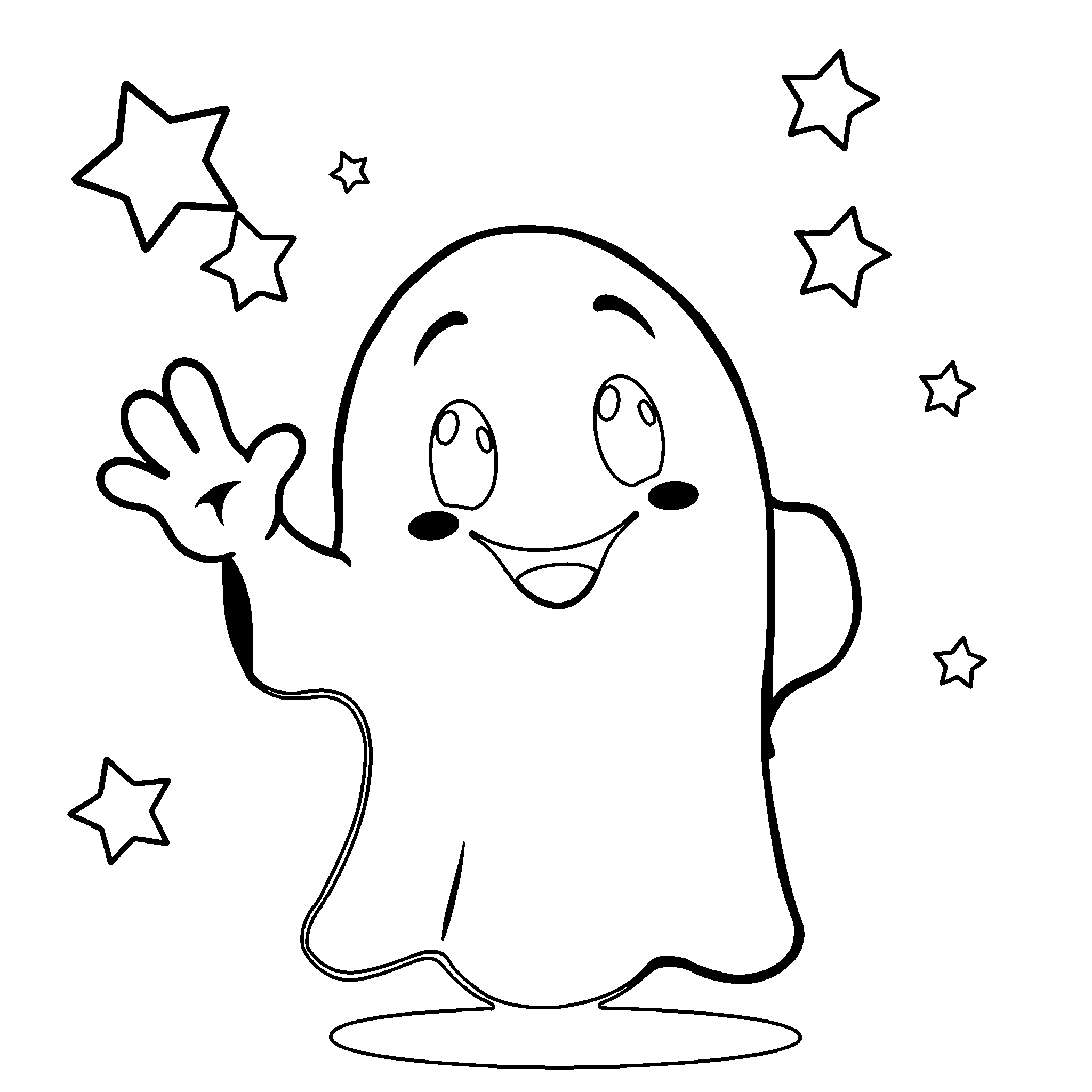 Friendly little ghost coloring page: a smiling little ghost waving hello, simple enough for toddlers