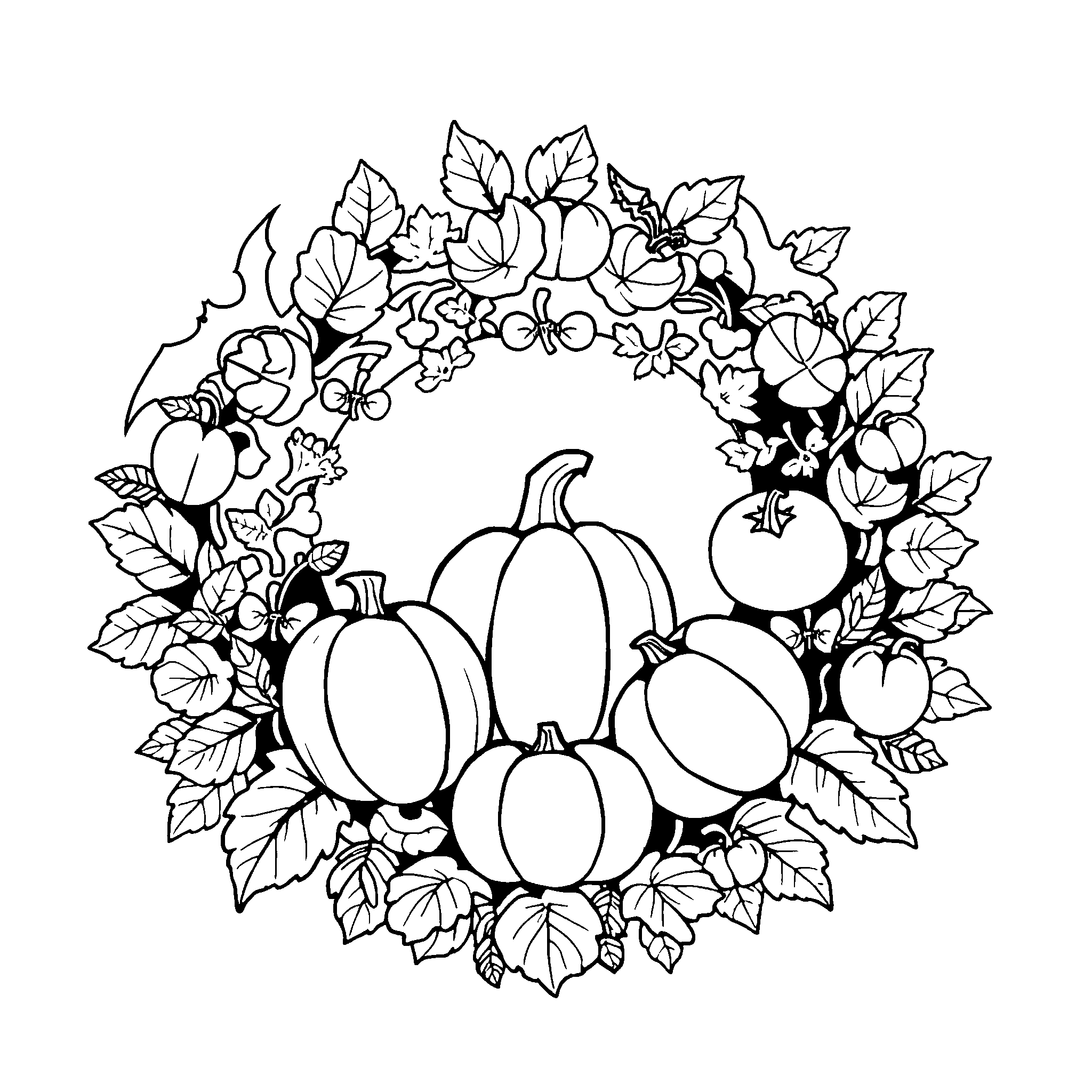 Halloween pumpkin wreath coloring page: a ring of pumpkins and leaves for older kids and adults, with plenty of small spaces