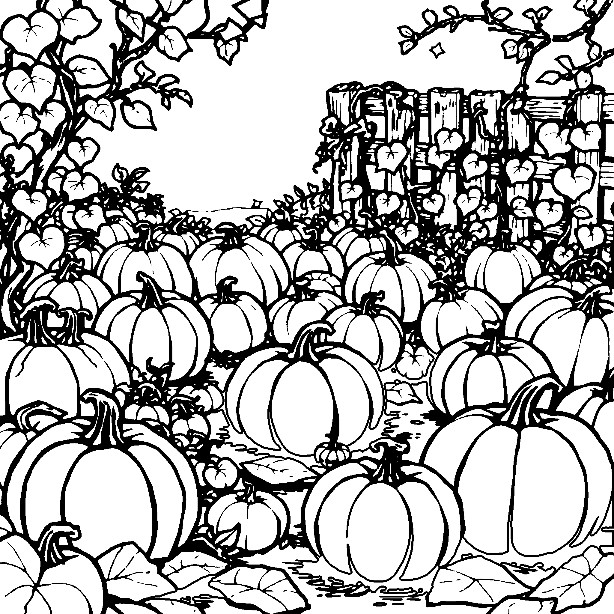 Pumpkin patch coloring page: rows of pumpkins, curly vines and a fence to color pumpkin by pumpkin