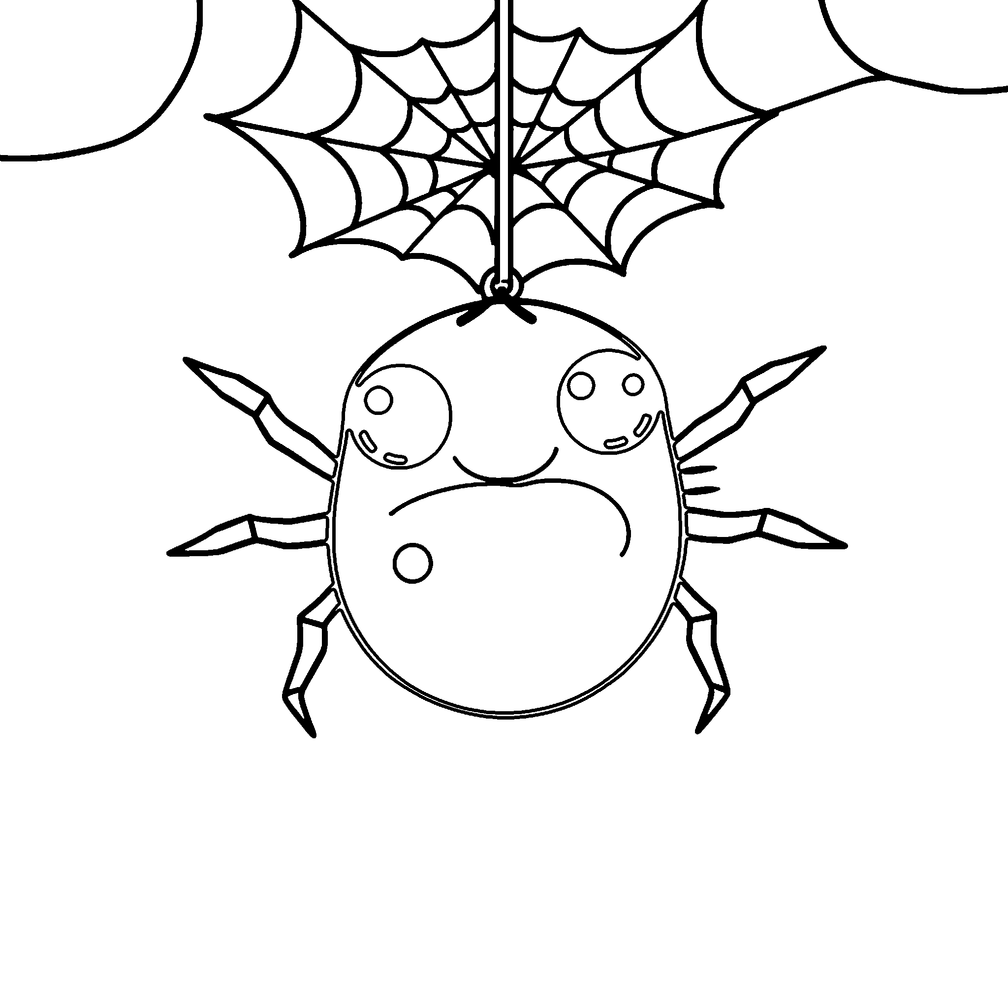 Spider in its web coloring page: a smiling spider on a symmetrical web, good practice for staying inside lines
