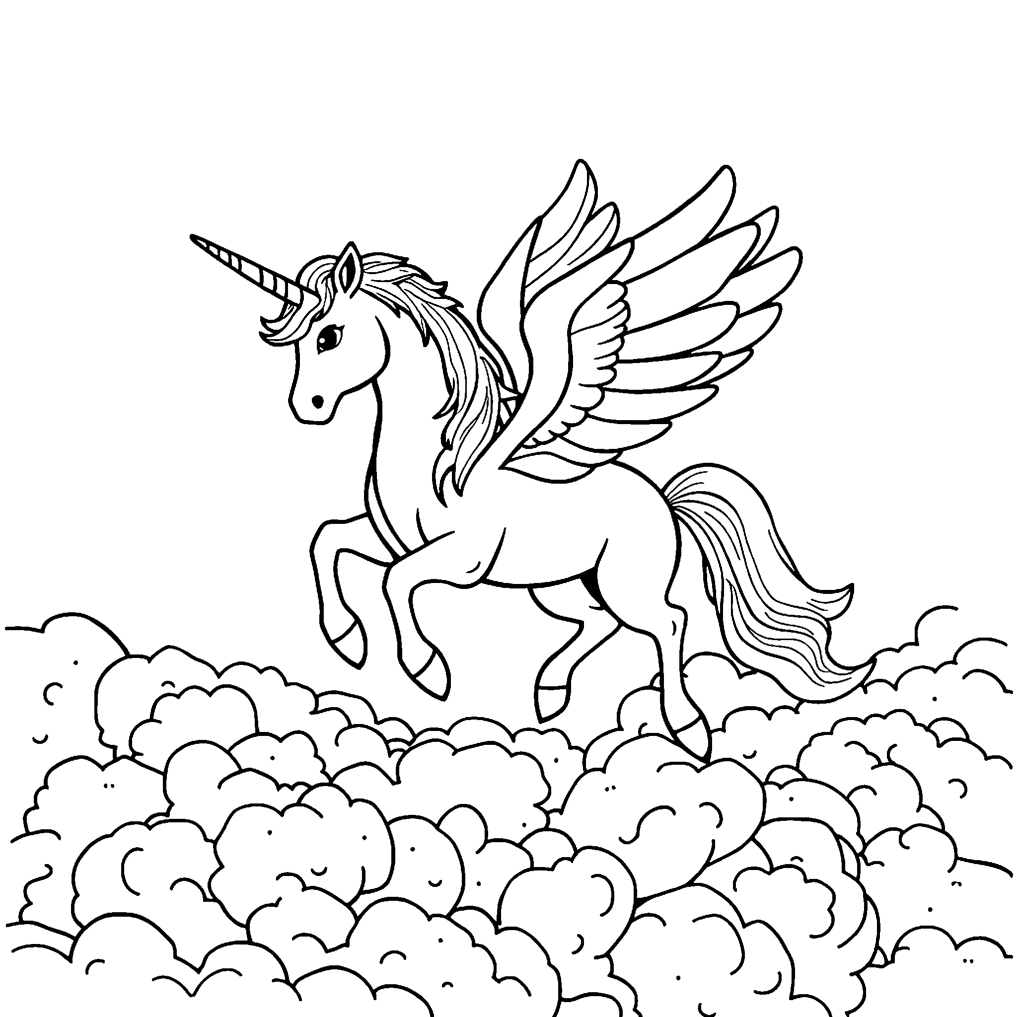 Unicorn with wings coloring page: a winged unicorn flying above the clouds