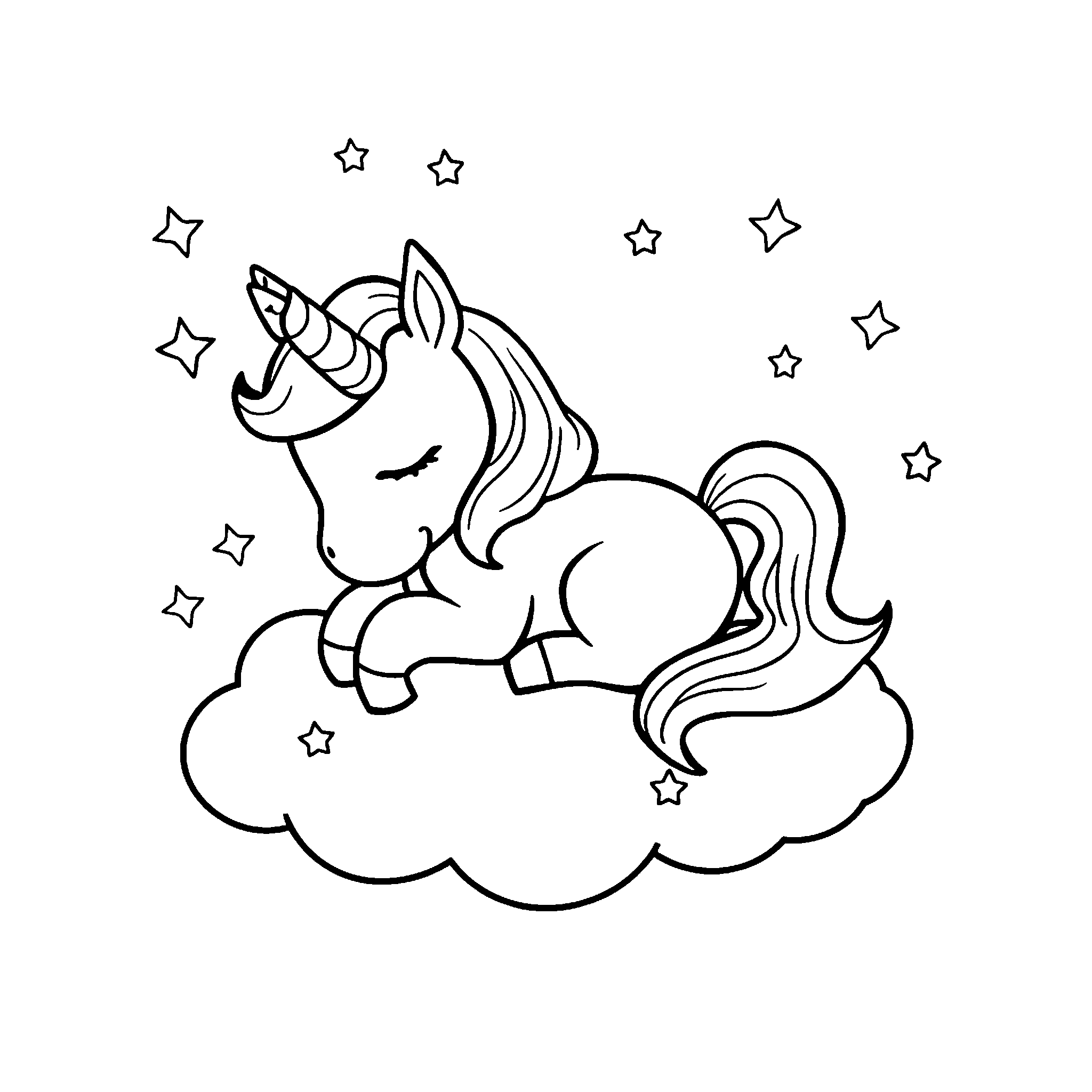 Sleeping unicorn coloring page: a baby unicorn asleep on a cloud
