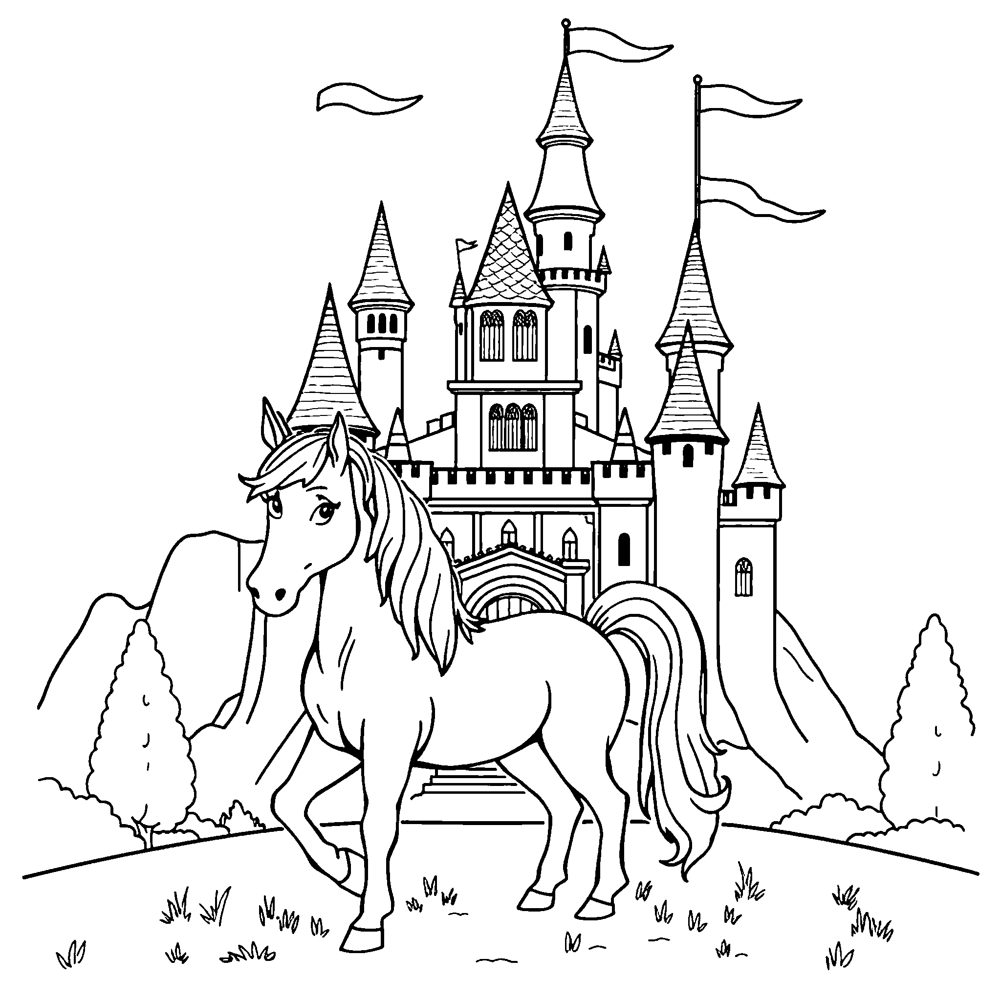 Unicorn at the castle coloring page: a unicorn outside a fairy-tale castle