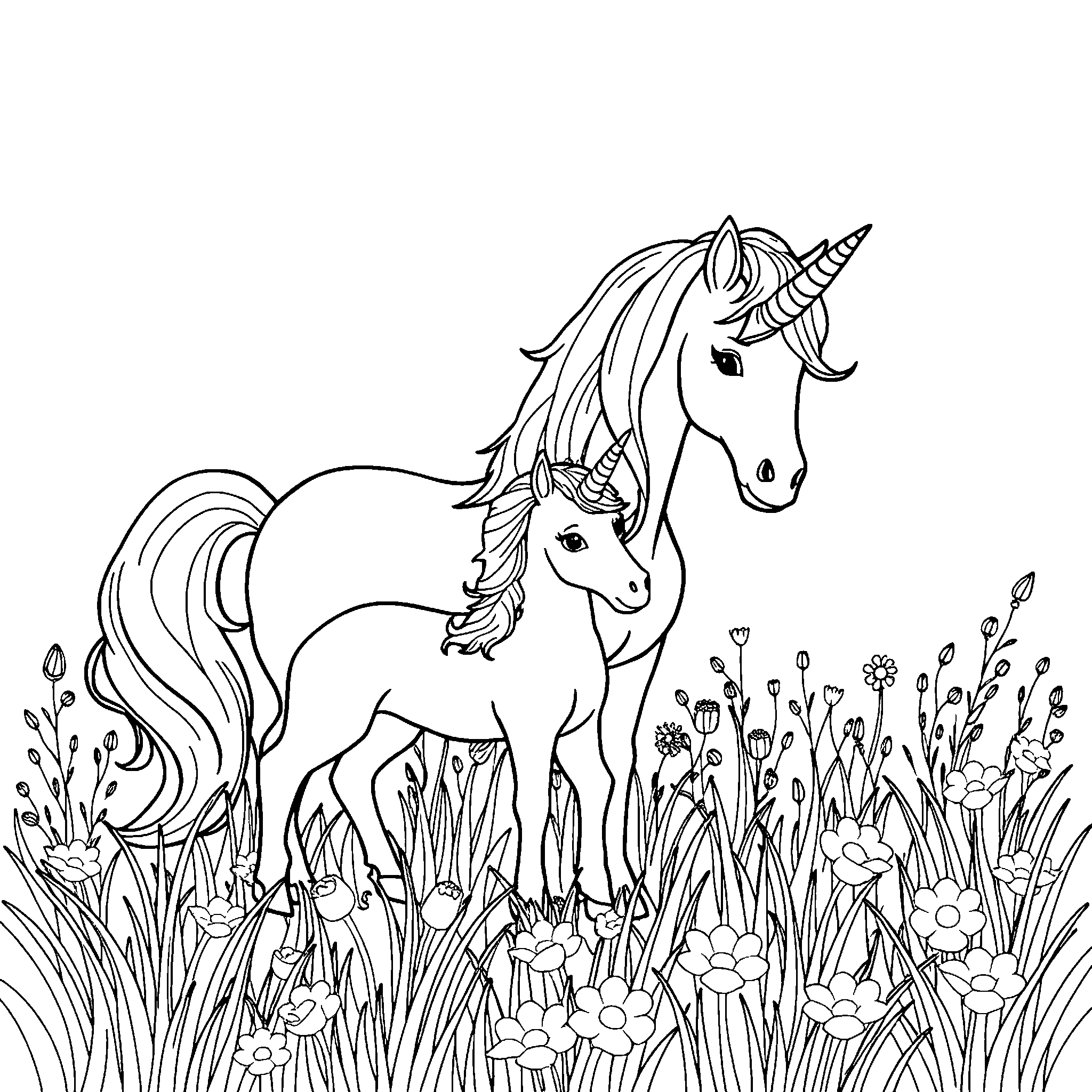 Unicorn mother and foal coloring page: a mother unicorn and her foal in a meadow