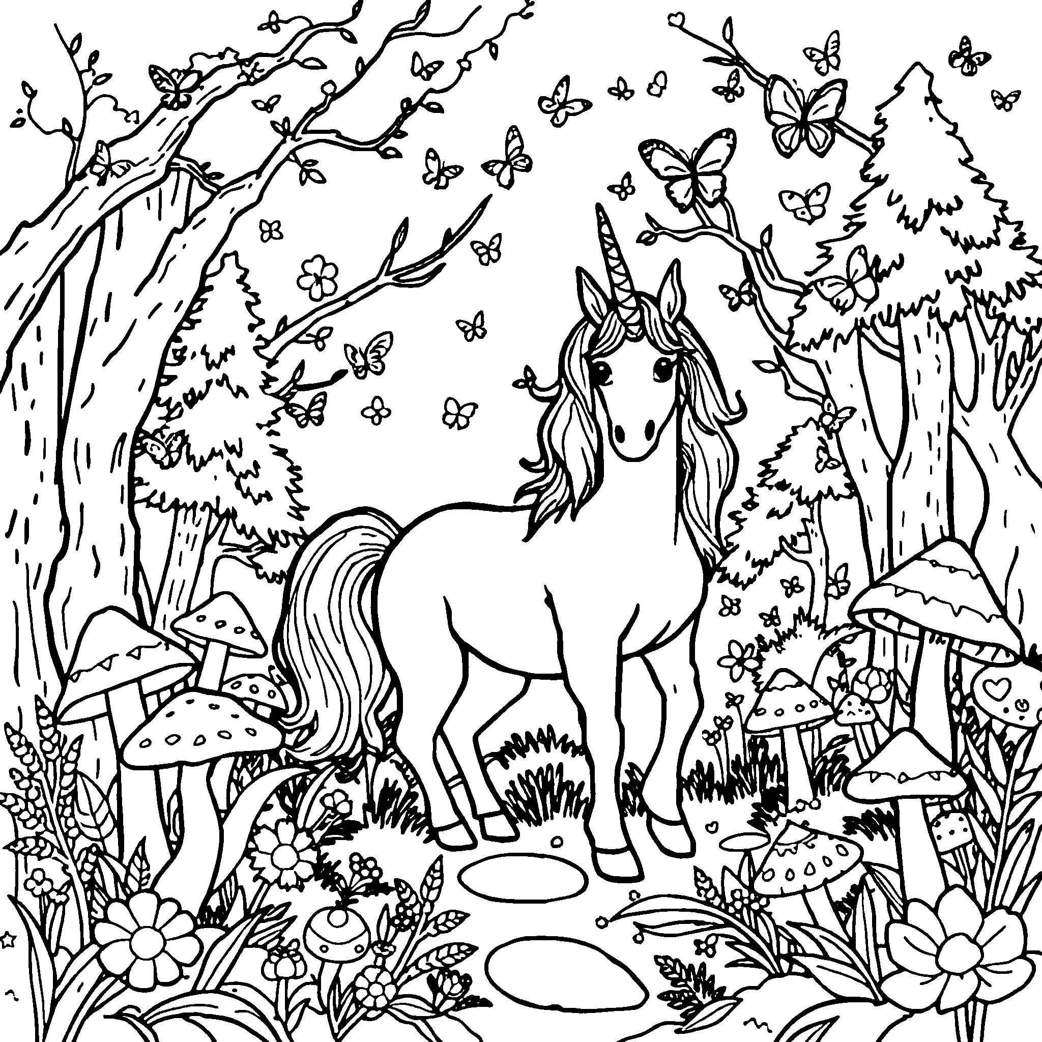 Unicorn in the forest coloring page: a unicorn in a forest of mushrooms and butterflies