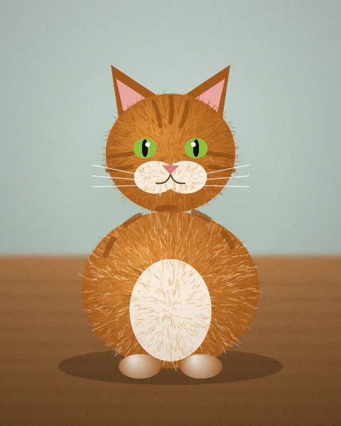 Drawn picture of an orange tabby cat with green eyes sitting on a wooden floor in front of a green wall