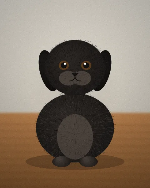 Drawn picture of a black puppy with floppy ears on a wooden floor against a light grey wall