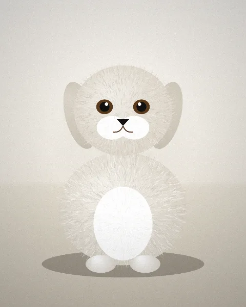 Drawn picture of a white fluffy puppy against a cream wall and floor