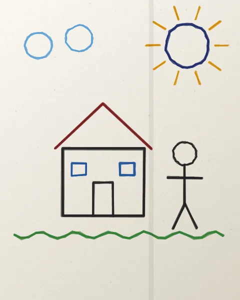 Photo of a crayon drawing: a house with a red roof, a sun, two clouds, a stick figure and green grass, on cream paper with a fold