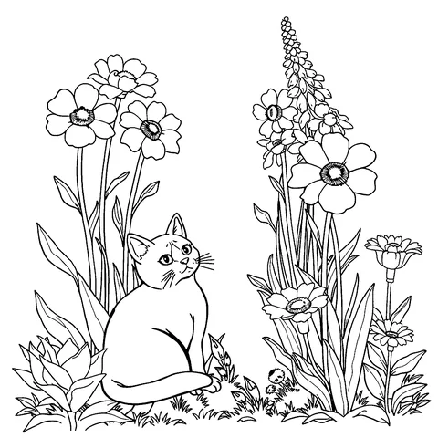 Cat in the flower garden coloring page