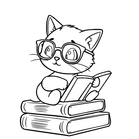 Cat with a book coloring page