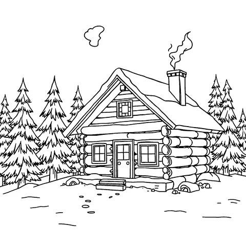 Cozy winter cabin coloring page