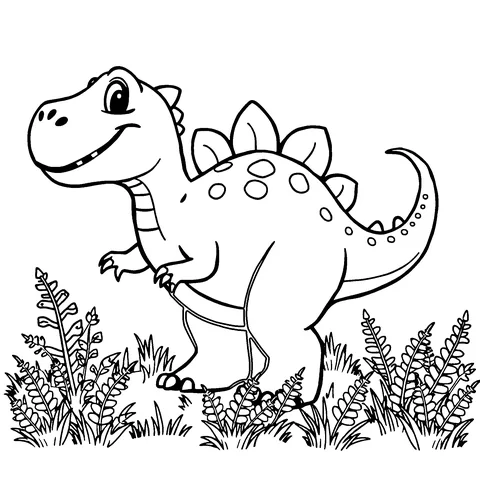 Happy dino in the ferns coloring page