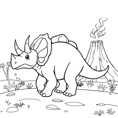Triceratops and volcano coloring page