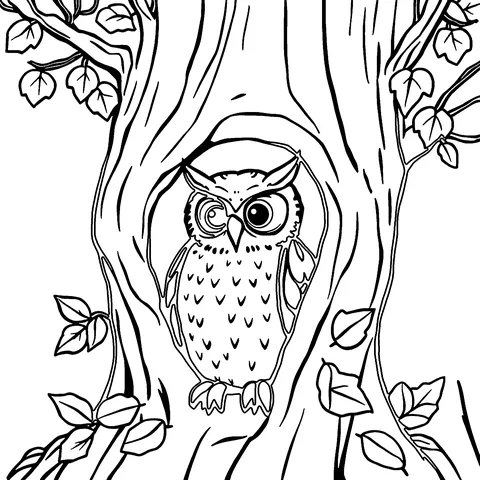 Owl in a tree hollow coloring page
