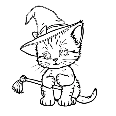 Kitten in a witch hat coloring page