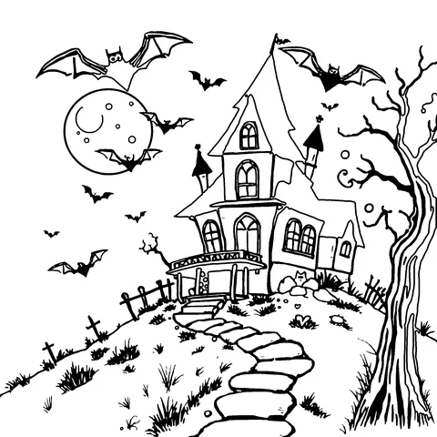 Haunted house on the hill coloring page
