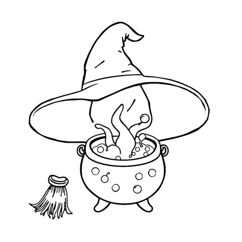 Witch's hat and broom coloring page