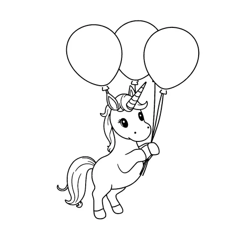 Unicorn with balloons coloring page