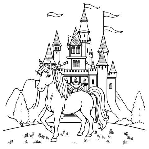 Unicorn at the castle coloring page