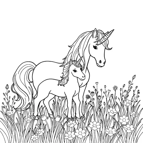 Unicorn mother and foal coloring page