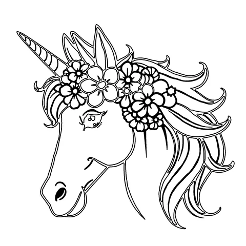 Unicorn head with flowers coloring page