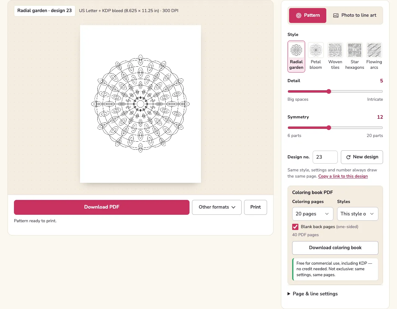 The huepad KDP page: a mandala on a US Letter page with the label US Letter plus KDP bleed 8.625 by 11.25 inches 300 DPI, and the coloring book panel set to 20 pages with blank back pages, 40 PDF pages