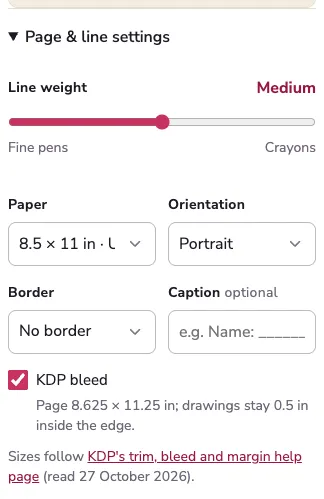 Page and line settings in huepad: line weight Medium, paper 8.5 by 11 inches, portrait, no border, and the KDP bleed checkbox ticked with the note Page 8.625 by 11.25 inches, drawings stay 0.5 inches inside the edge