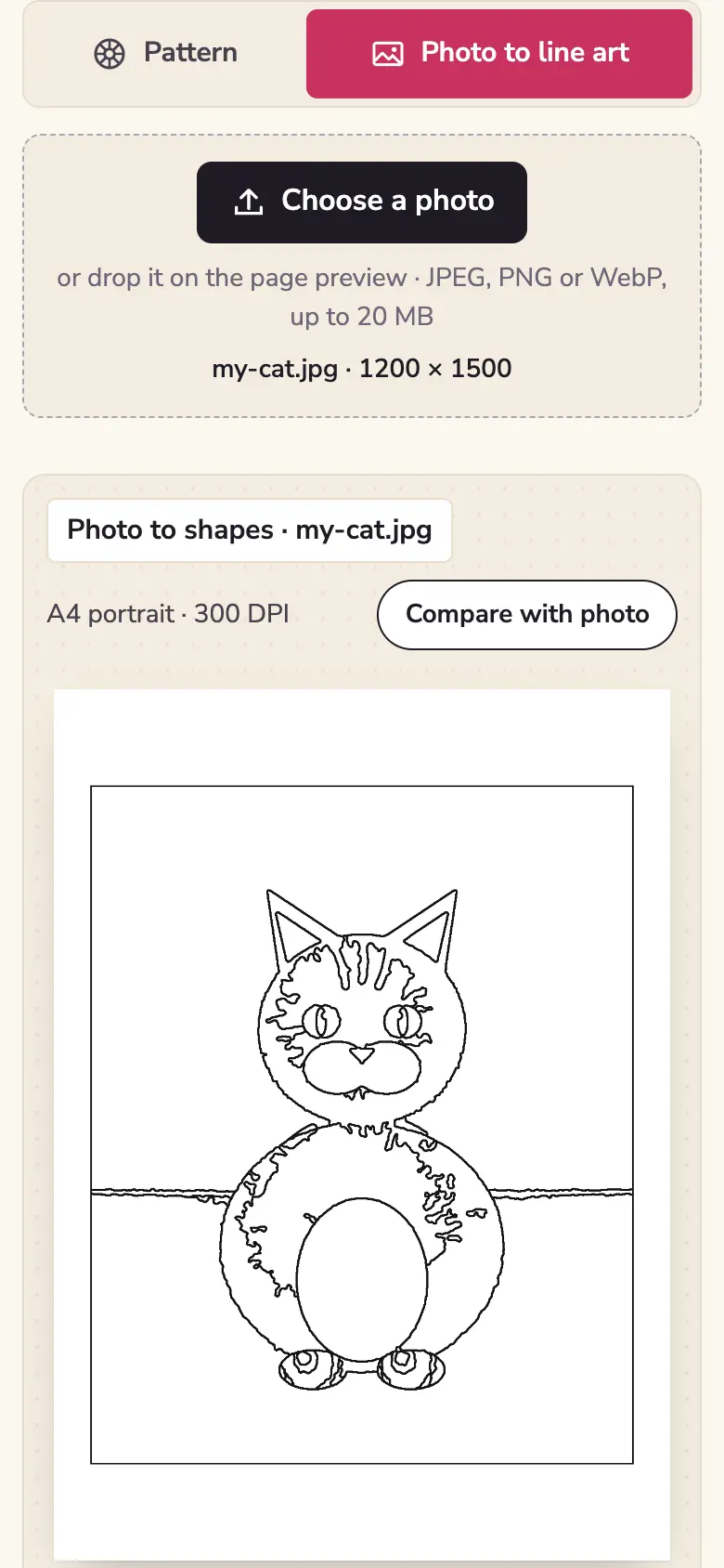 huepad on a phone screen: Choose a photo button, the file name my-cat.jpg 1200 by 1500, and below it the cat converted to Shapes on an A4 page