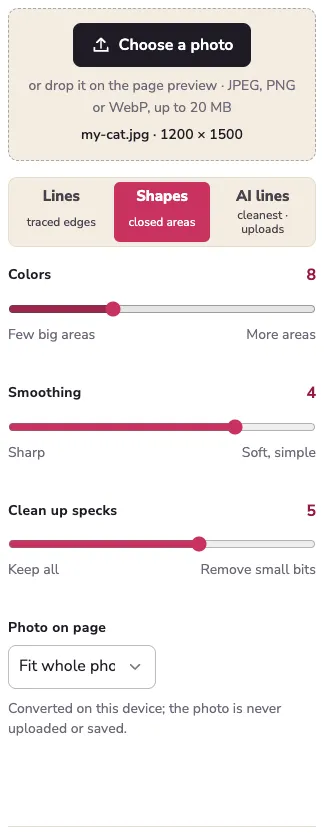 The style picker in huepad: Lines, Shapes and AI lines buttons, then the Colors, Smoothing and Clean up specks sliders